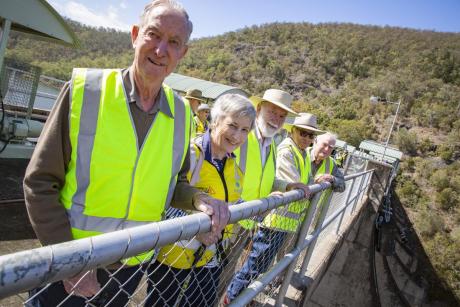 The grandchldren of H.P. Somerset (l-r) Charles Somerset, Sue Rice, Bill Somerset, Bob Somerset and Arthur Somerset stand on the Somerset Dam wall (3).jpg