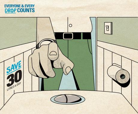Everyone and Every Drop Counts Campaign artwork - saving water using half flush