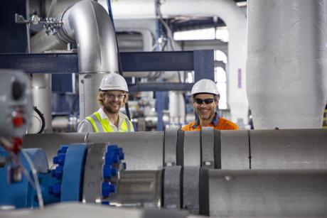 Gold Coast Desalination Plant Maintenance Planner Brian Woods and Project Engineer Daryl Harding pictured in the facility's reverse osmosis room 