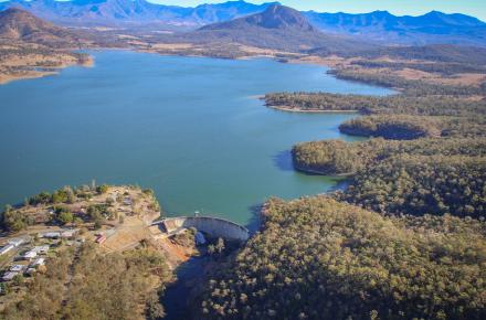 Aerial view of Lake Moogerah during a cone valve release