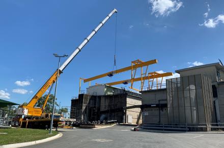 The installation of a gantry crane at the Mt Crosby East Bank WTP ahead of it's filtration upgrade