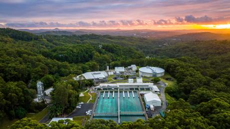 Aerial of Landers Shute Water Treatment Plant at sunset