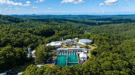 Aerial of Landers Shute Water Treatment Plant with clear blue skies
