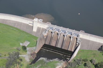 Aerial view of North Pine Dam wall and gates