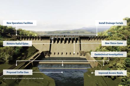 Photo of Somerset Dam wall showing key project components of Somerset Dam Improvement Project 
