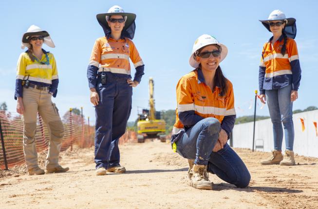 (L-R) Planning Engineer Helena Sutherland, Civil Engineer Zara Bostock, Environmental Advisor Lisa Hunt and Graduate Site Engineer Georgia Kelly o site at the Ewen Maddock Dam upgrade.