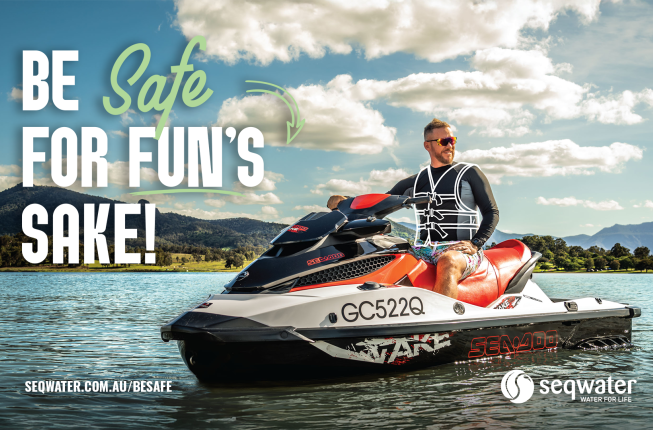 Be Safe For Funs Sake campaign image - man on a jetski with a lifejacket on Lake Moogerah